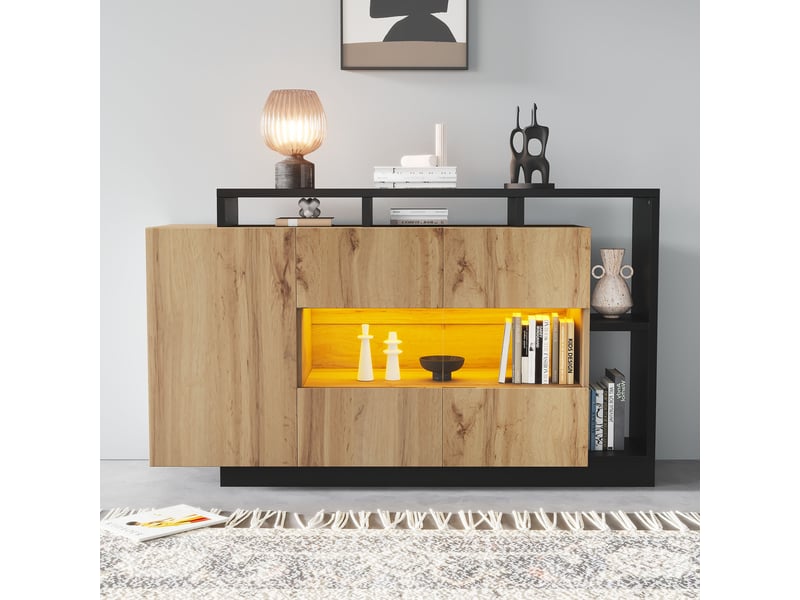  Buffet moderne avec led 140 cm meuble de rangement salle à manger bois et noir  - Conforama D
