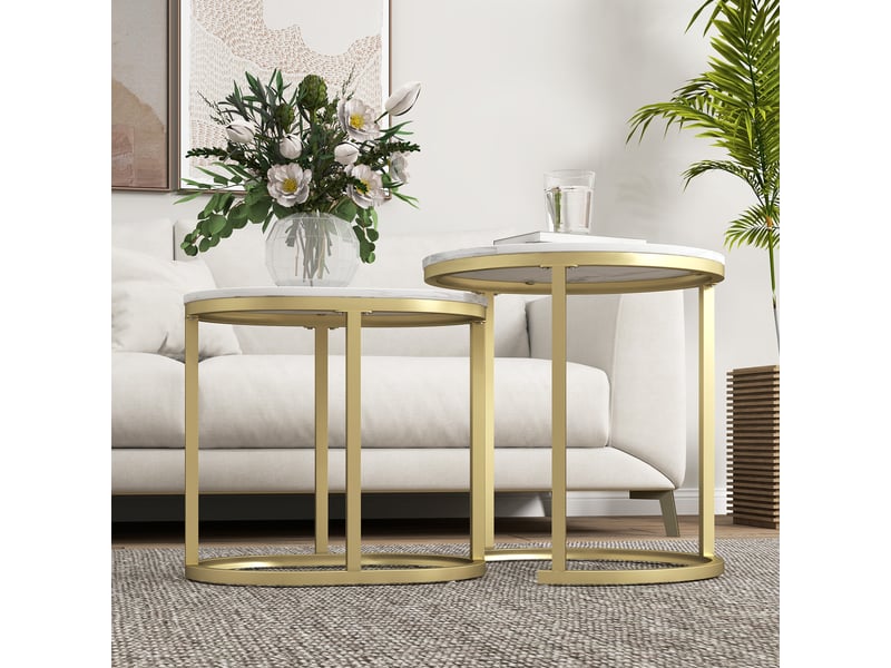  Lot de 2 tables basses gigognes – plateau mdf blanc et cadre en acier – ronde et ovale  - Conforama C
