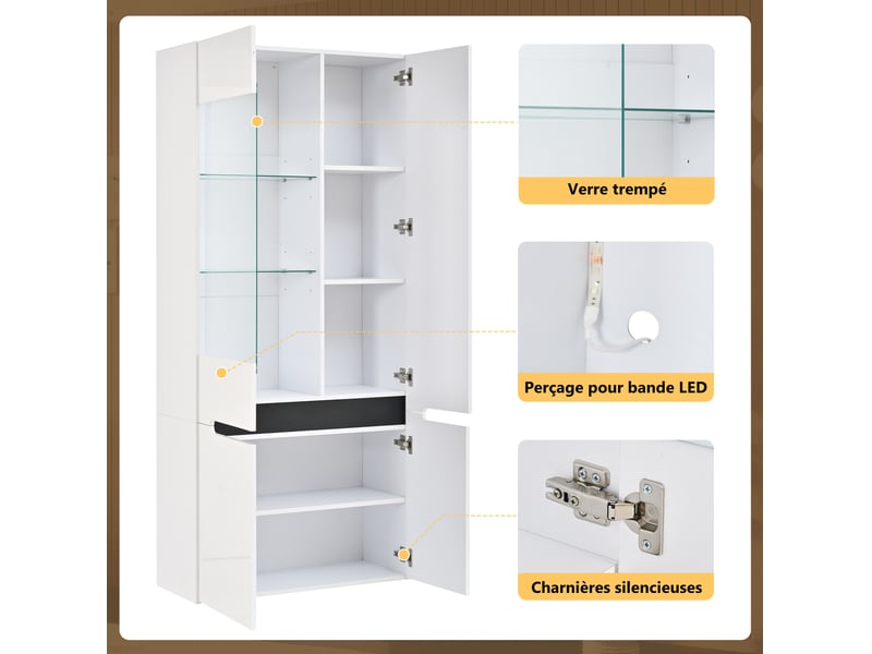  Vitrine de salon led 80 x 35 x 180 cm – blanc – rangement et présentation avec éclairage bluetooth  - Conforama C