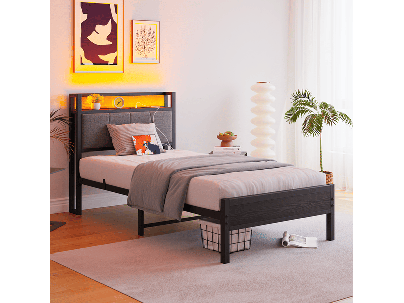 Cadre de lit 90x200 cm métal avec tête de lit led, ports usb et sommier renforcé silencieux  - Conforama B