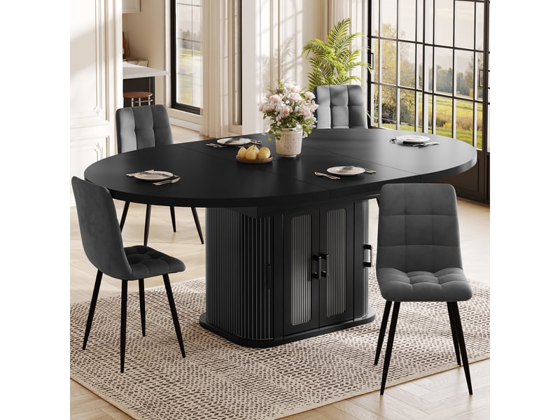 Table à manger extensible 118-158x118x76cm pour 2 à 6 personnes, rangements cachés avec séparateurs réglables et portes à rideau latérales, noir evarich - Conforama E