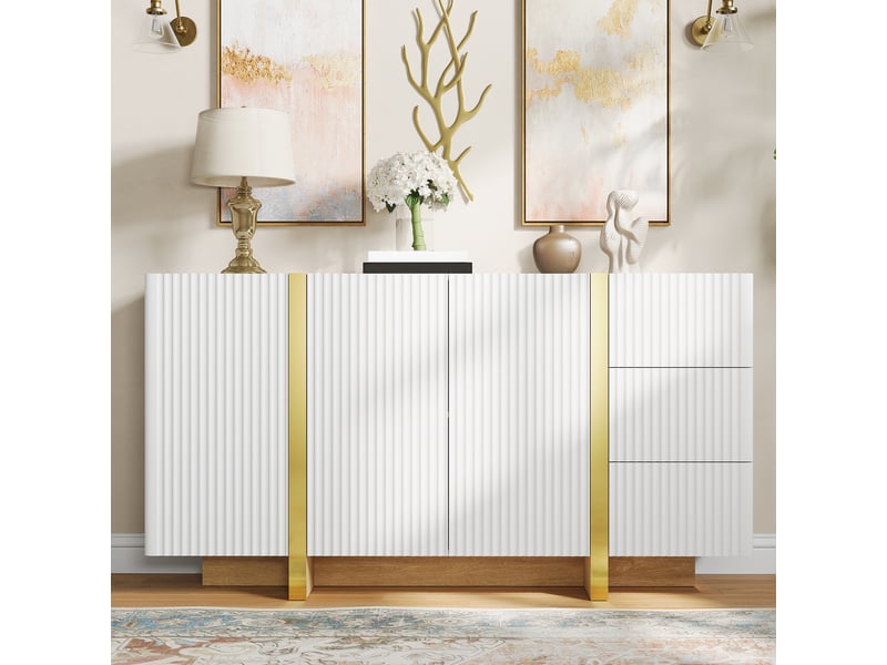 Buffet bas blanc 140 x 36 x 75 cm, 3 portes, 3 tiroirs, détails dorés - Conforama D