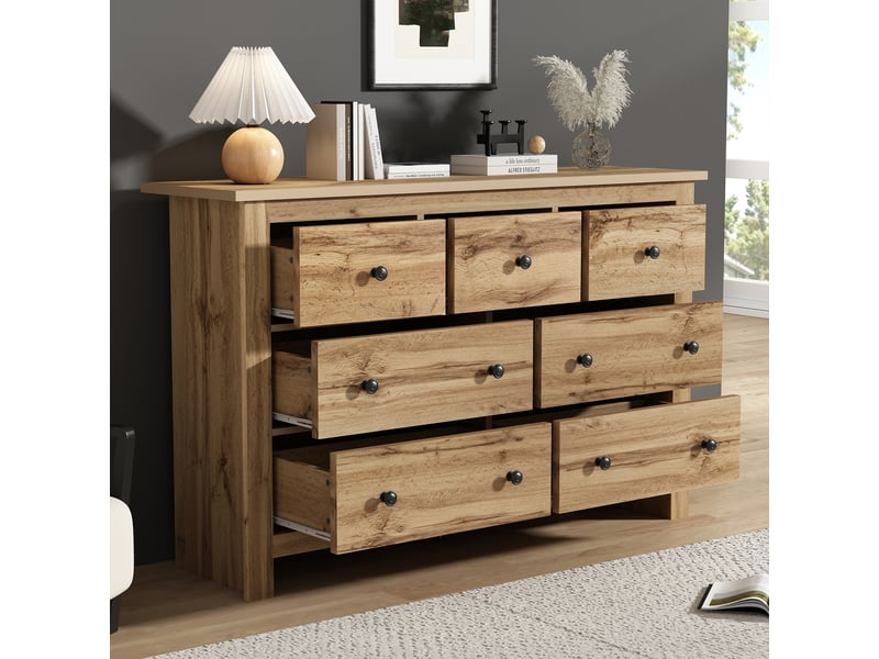  Buffet avec 7 tiroirs de deux tailles et pied central réglable, en panneaux de particules, couleur bois  - Conforama B