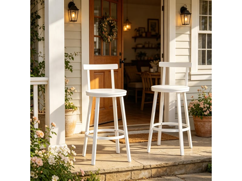  Lot de 2 tabourets de bar avec dossier courbé - lpospi - repose-pieds, assise ronde, métal et mdf - blanc  - Conforama B