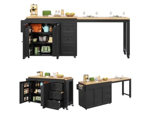 Îlot de cuisine extensible 116-179,5 x 45 x 89 cm, roulettes, 3 tiroirs, étagères latérales, mdf, noir