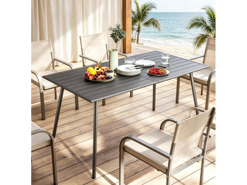  Table de jardin rectangulaire grise 6 personnes en acier, 150x80x74 cm, idéale pour terrasse et repas dehors  - Conforama D