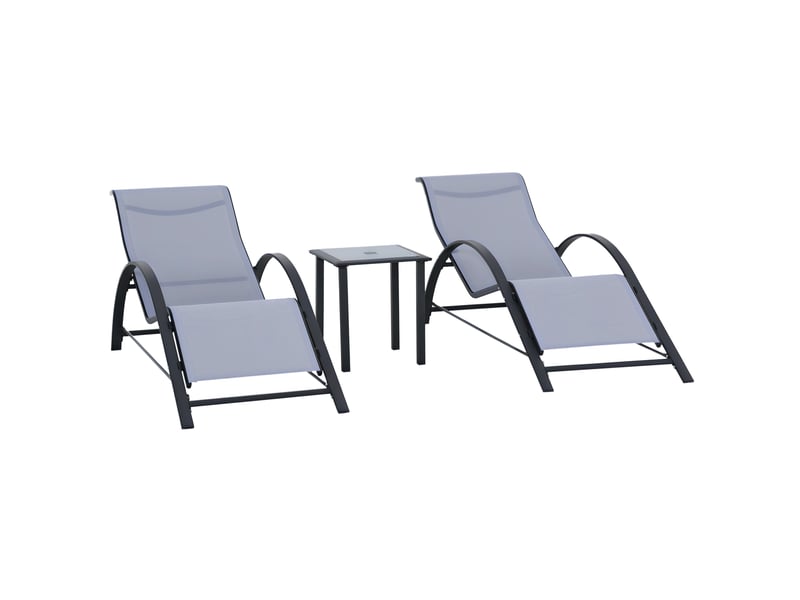  Ensemble de 2 chaises longues et table basse avec plateau en verre, 59 x 169 x 66 cm, gris clair  - Conforama A
