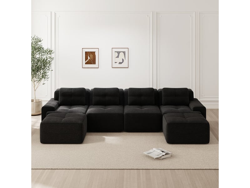  Canapé modulable en u 4 places avec méridienne en velours côtelé noir, sans montage  - Conforama D