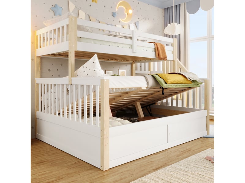  Lit superposé 90x200 + 140x200 cm avec rangements hydrauliques, blanc et bois  - Conforama E
