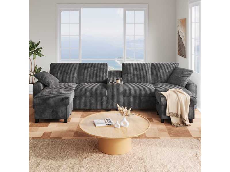  Canapé en u 4 places en velours côtelé gris, 315×135×81 cm, 2 poufs avec rangement, table d'appoint, ports usb et prises  - Conforama W