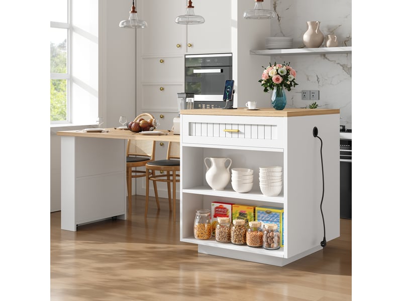  Îlot central de cuisine extensible 121,5-192 cm avec prise intégrée, 1 tiroir, rangements et étagères réglables - blanc  - Conforama D