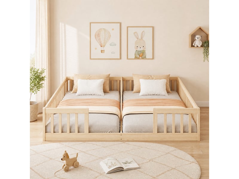 Lit enfant 90x200 cm 2 couchages avec barrières en pin et mdf coloris naturel - Conforama C