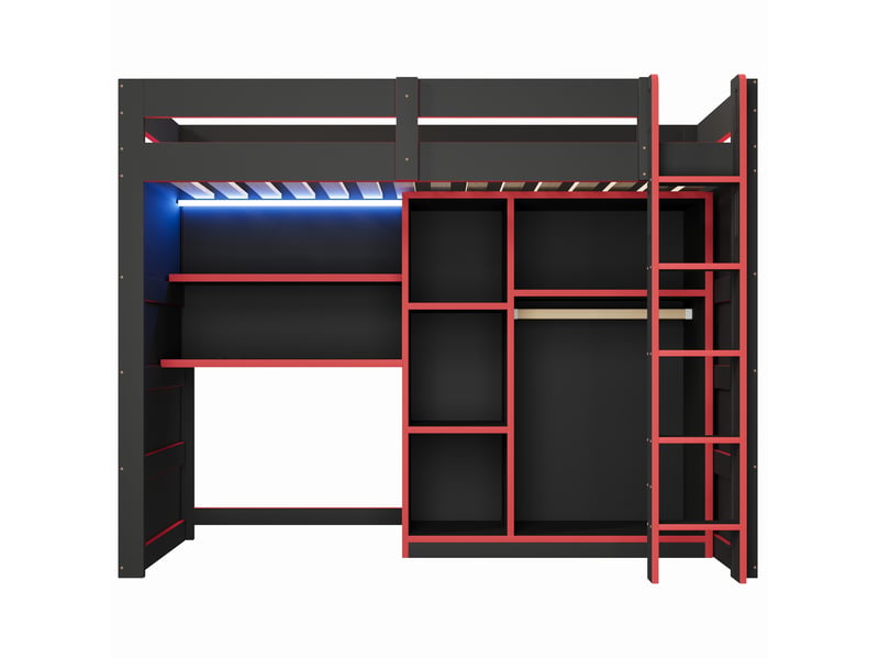  Lit mezzanine gaming en bois 90x200 cm, bureau, armoire, rangements, éclairage led, noir + rouge  - Conforama A