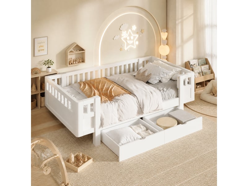 Lit plateforme 90x200 cm avec garde-corps élevé et deux grandes tiroirs, blanc, sans matelas - Conforama B