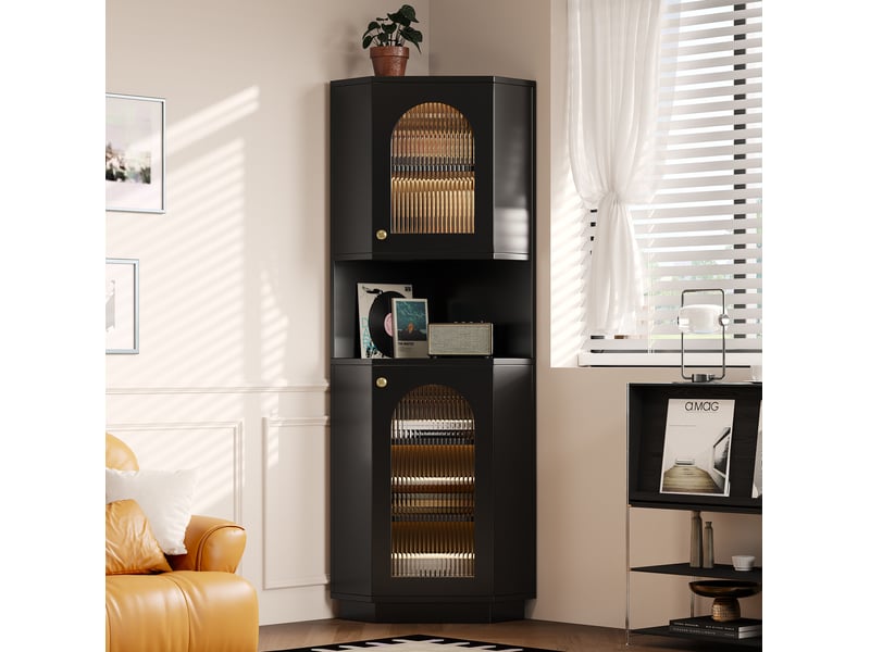  Colonne d'angle 45x45x166,5 cm, éclairage intégré, tablettes réglables, compartiment fermé, salle de bain, mdf noir  - Conforama D