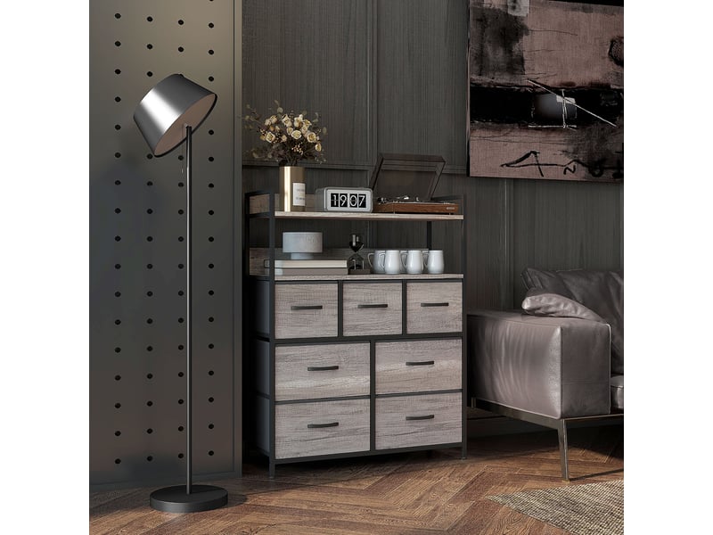  Meuble de rangement commode 7 tiroirs en tissu pliables et amovibles étagères ouvertes, gris  - Conforama A