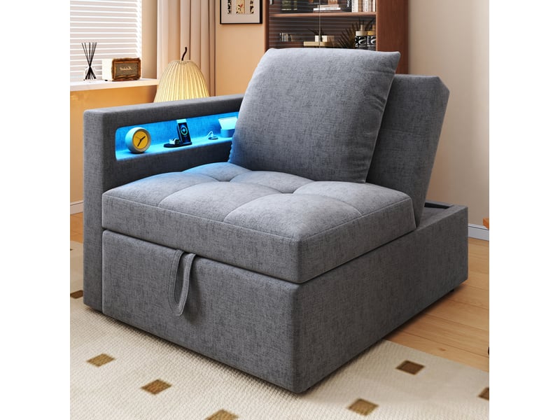 Fauteuil gigogne 177x68x65 cm, design 3-en-1 transformable, dossier ajustable, led, charge, accoudoirs, lin, gris clair - Conforama D