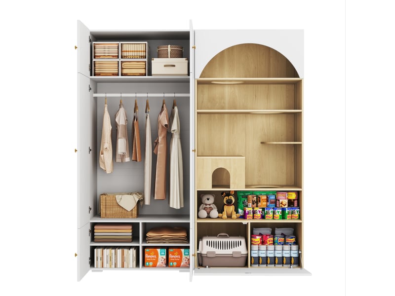 Armoire penderie 2-en-1 180 x 50 x 200 cm avec espace félin, blanc et aspect bois  - Conforama A