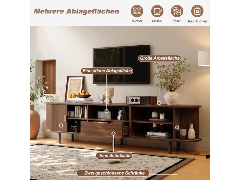  Meuble tv bas 175 x 40 x 55 cm, banc tv salon design arrondi avec porte à rideau, 1 tiroir, niches ouvertes, passe-câbles, mdf, effet bois noyer  - Conforama E