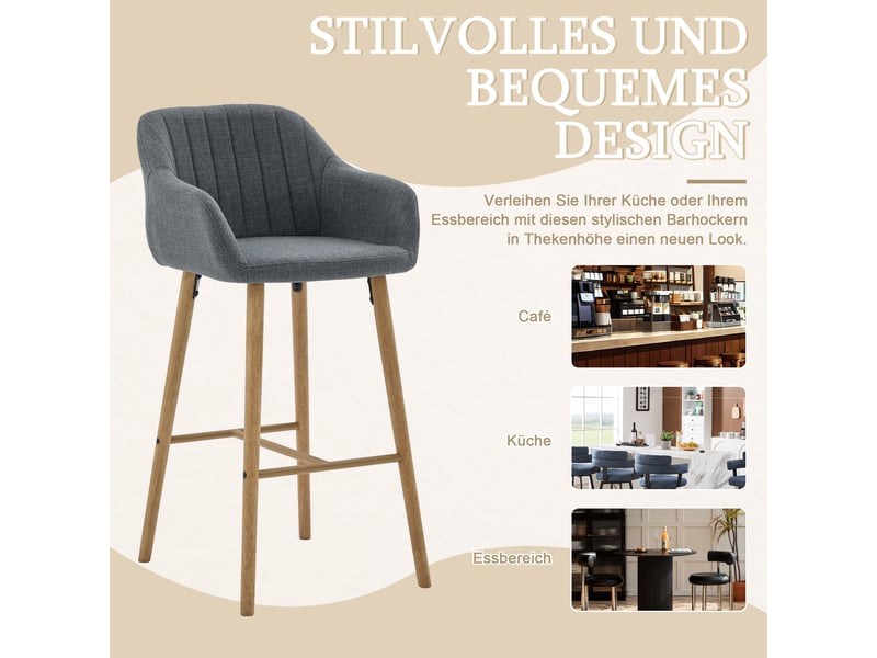  Tabouret de bar lot de 2 - assise confortable en lin gris, dossier haut et accoudoirs, pieds en bois de caoutchouc  - Conforama E