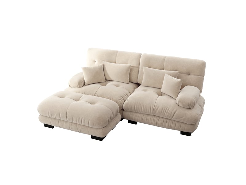  Canapé d'angle, canapé 2 places – en chenille, coussins inclus, marron clair, avec pouf, larges accoudoirs, style cloud  - Conforama E