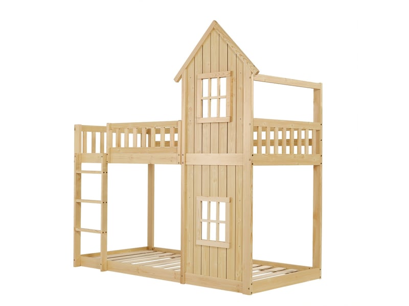  Lit superposé enfant 90 x 200 cm deux fenêtres décoratives forme maison escalier à trois marches garde-corps sur tous les côtés bois de pin et mdf finition naturelle  - Conforama A