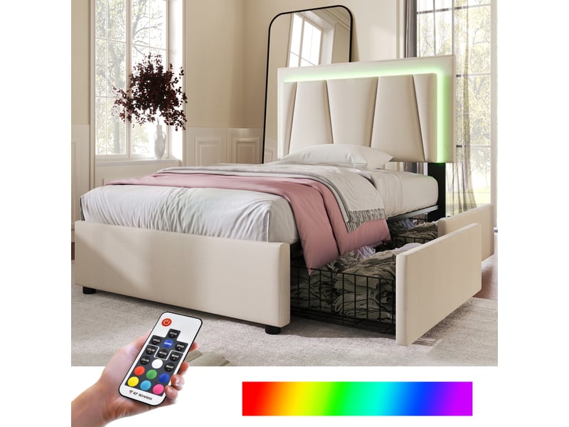  Lit simple 90x200 cm avec led et 2 tiroirs, cadre de lit avec tête de lit réglable en hauteur, beige, lit enfant avec matelas  - Conforama C