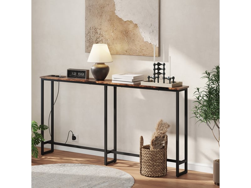  Table console étroite style industriel avec prises de courant et usb, pour salon entrée couloir, marron, 160x20x80cm  - Conforama W