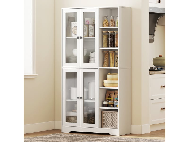  Vaisselier haut buffet de cuisine aosenyunzhou meuble rangement 4 portes en verre 6 étagères charnières soft-close blanc T1005-01-11373 - Conforama E