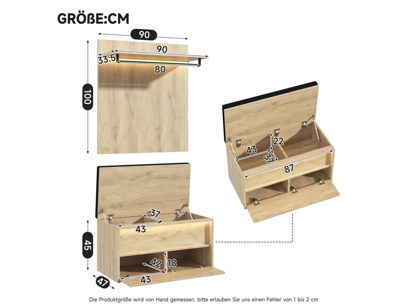  Meubles d'entrée 2 pièces avec banc à chaussures, penderie murale réglable et led en mdf chêne 90 × 47 × 145 cm  - Conforama C