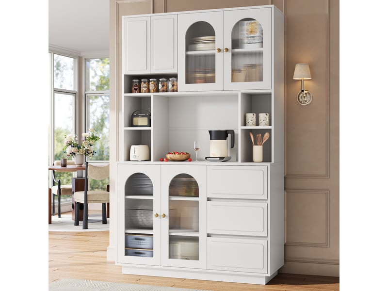  Buffet de cuisine - 106x40x175cm - meuble avec portes arquées en acrylique, led, étagères ajustables et 3 tiroirs - mdf - blanc  - Conforama B