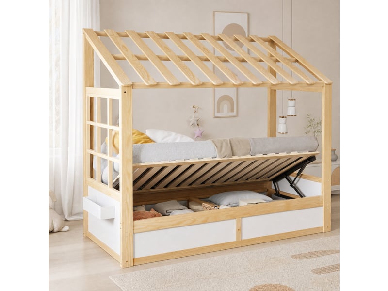 Lit cabane enfant 90 × 200 cm 1 place avec coffre hydraulique et rangements latéraux, sans matelas, blanc et bois - Conforama C