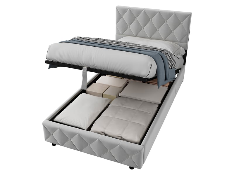 Lit coffre 90x190 cm - tête de lit capitonnée avec boutons - structure bois et métal avec sommier à lattes - revêtement velours hollandais gris clair  - Conforama A