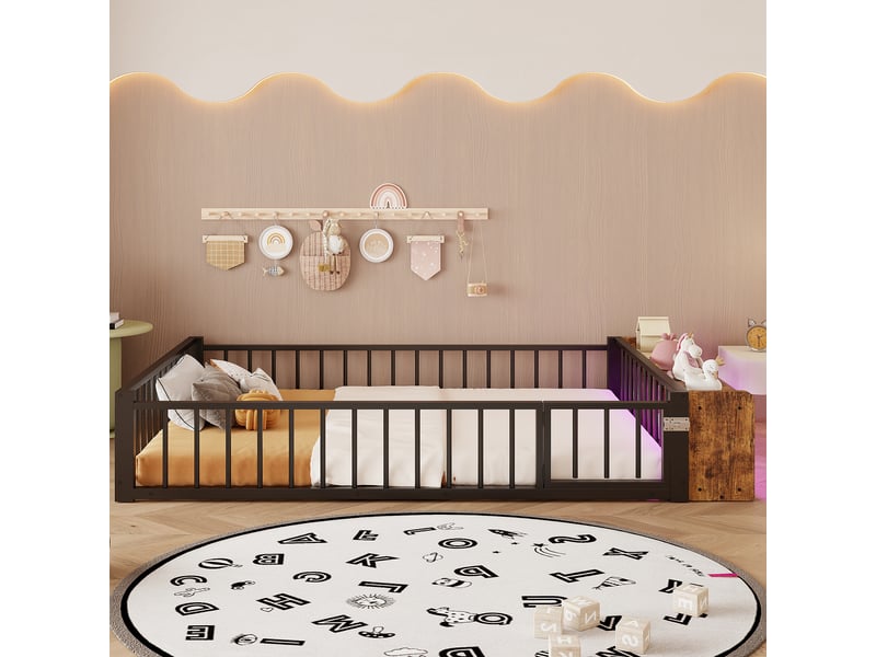  Lit en métal 140x200 noir avec rangement et led, cadre de lit 140x200 sans matelas, lit enfant avec barrière de sécurité.  - Conforama D