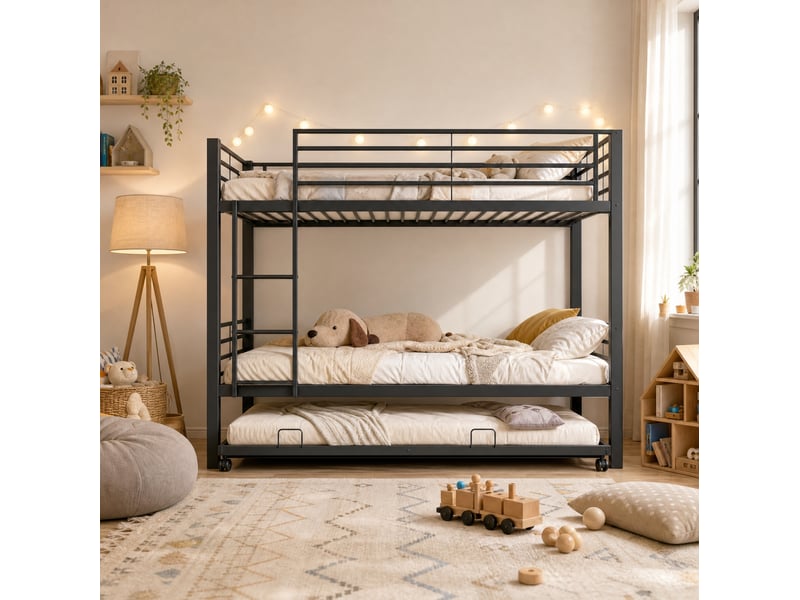 Lit superposé 90x200 cm, gigogne 90x190 cm, 3 couchages, barrière de sécurité + échelle, métal noir, sans matelas - Conforama E