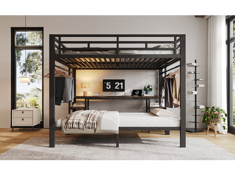  Lit superposé 140x200 cm et 90x200 cm,bureau avec recharge, penderie et deux échelles, métal, noir et bois vintage  - Conforama B