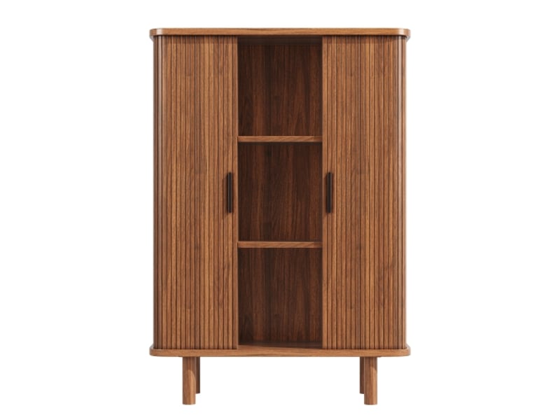  Armoire haute à porte coulissante, façade rayée, pieds bois massif, rangement brun foncé, salle à manger et chambre  - Conforama A
