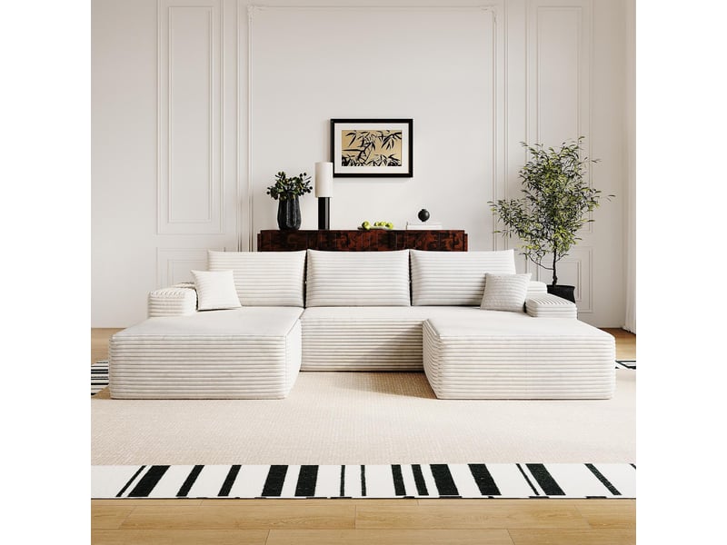  Canapé d'angle modulaire 270cm - canapé en l avec méridienne gauche, velours côtelé, sans montage - blanc  - Conforama B