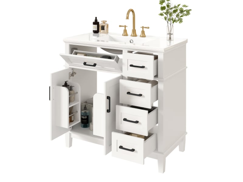  Armoire de salle de bain sur pied - blanc - amortissement silencieux des tiroirs - poignée rabattable 90x46x87cm - Conforama A