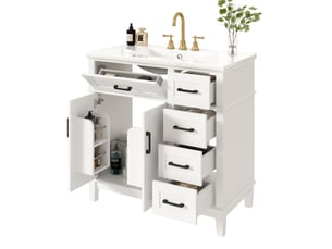Armoire de salle de bain sur pied - blanc - amortissement silencieux des tiroirs - poignée rabattable