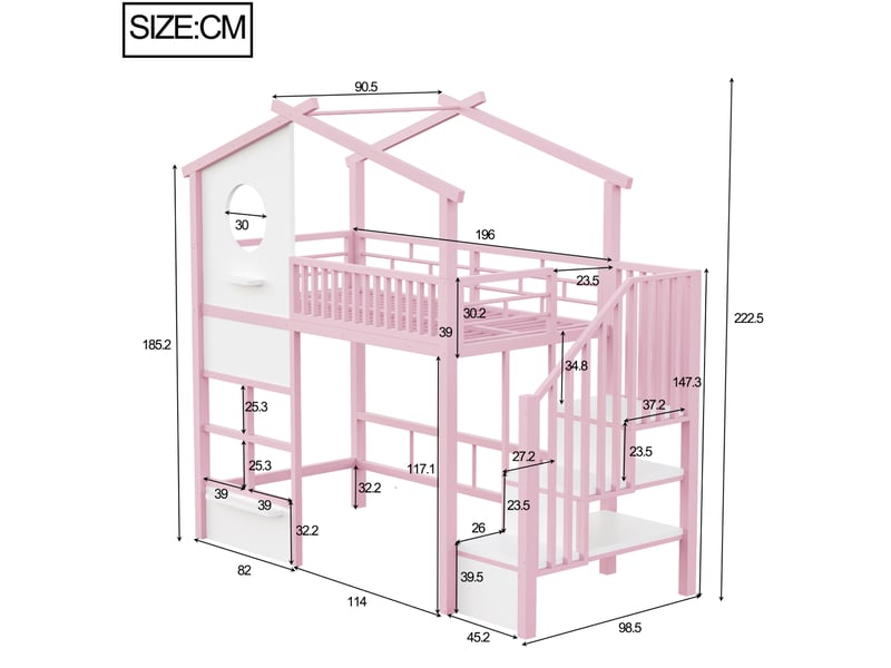 Lit mezzanine tcqpz 90 x 200 cm escalier de rangement led rose et blanc - Conforama C