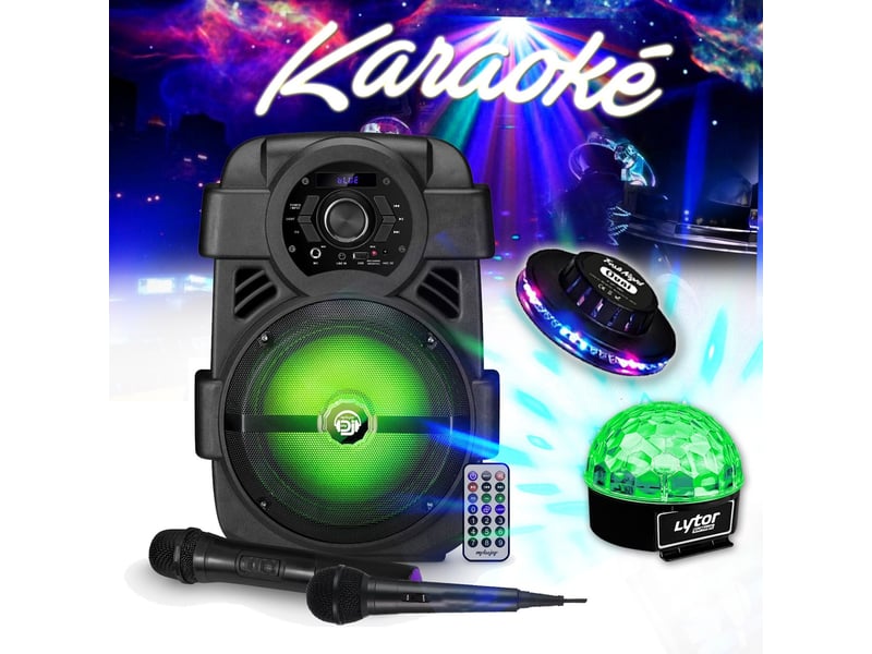  Pack karaoké à led - karaoké sono dj batterie 400w - usb-bluetooth + microphones, jeux de lumière, noël, cadeaux, anniversaire  - Conforama B