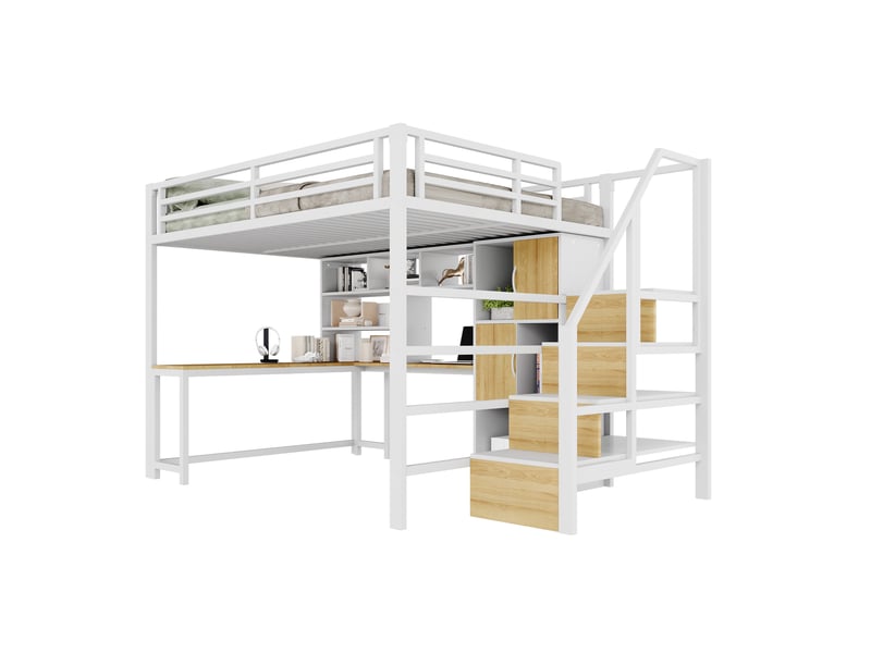 Lit mezzanine enfant compact 90 x 200 cm, échelle avec rangement, niche ouverte et éclairage led, sans matelas, structure en métal, blanc evarich - Conforama A