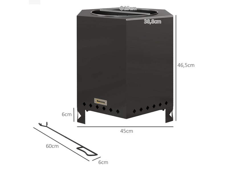  Brasero de table hexagonal 45 x 38,8 x 46,5 cm – noir – combustion secondaire avec tisonnier inclus  - Conforama C
