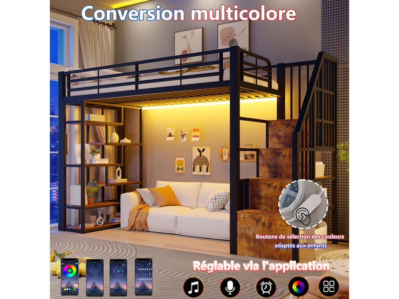  Lit mezzanine enfant 90x200 cm avec espace libre sous le lit -avec led, étagère, marches intégrées et barrière de sécurité, métal noir evarich - Conforama D
