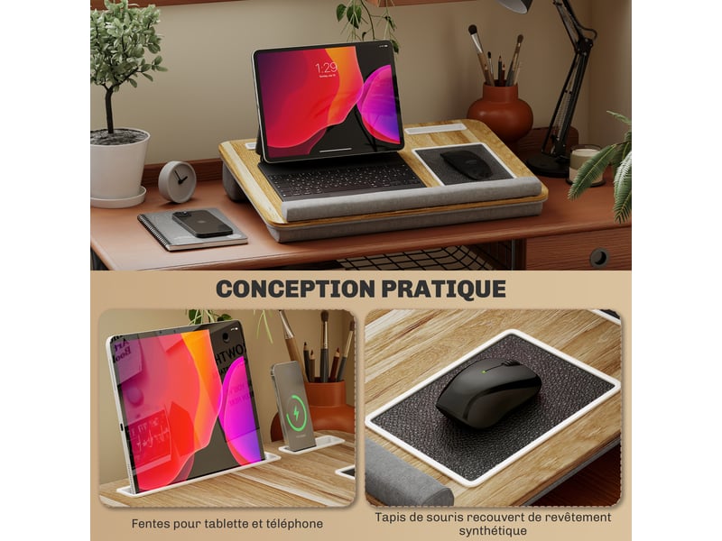  Support ordinateur portable lit avec traversin fente pour tablette ou téléphone tapis de souris poignée repose-poignet  - Conforama A