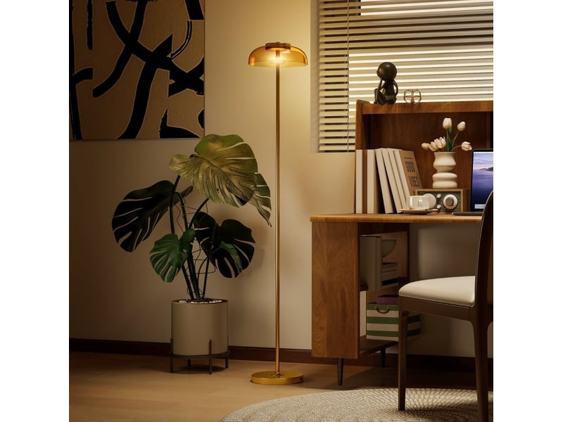  Lampadaire led 25 x 25 x 134 cm laiton antique, verre et métal, lumière chaude 3000 k avec interrupteur au pied  - Conforama E