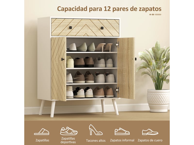  Meuble à chaussures d'entrée avec 2 portes, étagères réglables, tiroir pour 12 paires de chaussures, 75 x 35 x 97 cm, blanc et naturel  - Conforama E