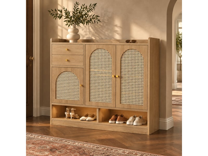 Meuble à chaussures avec 3 portes en rotin, 2 tiroirs, led et niches ouvertes pour entrée 120×35×100 cm naturel - Conforama B