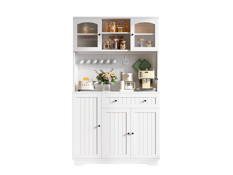  Buffet de cuisine haut 103,5x40x180 cm avec portes vitrées, étagères réglables, panneau perforé, tiroir, rangements, meuble blanc pour cuisine  - Conforama A